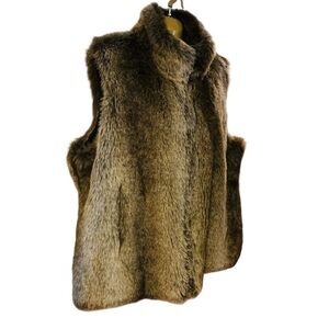 VINTAGE fur vest front zip pockets reversible high neck looks new LARGE FAUX